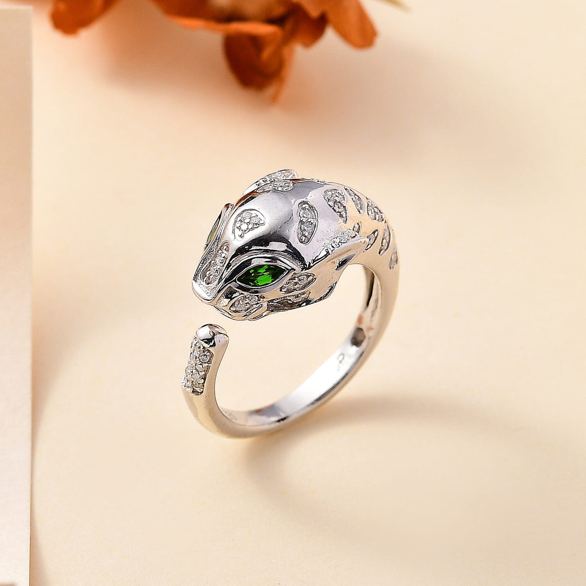 GP Tiger Totem Collection - Moissanite &amp; Chrome Diopside Puma Ring in Rhodium Overlay Sterling Silver 7798771 2
