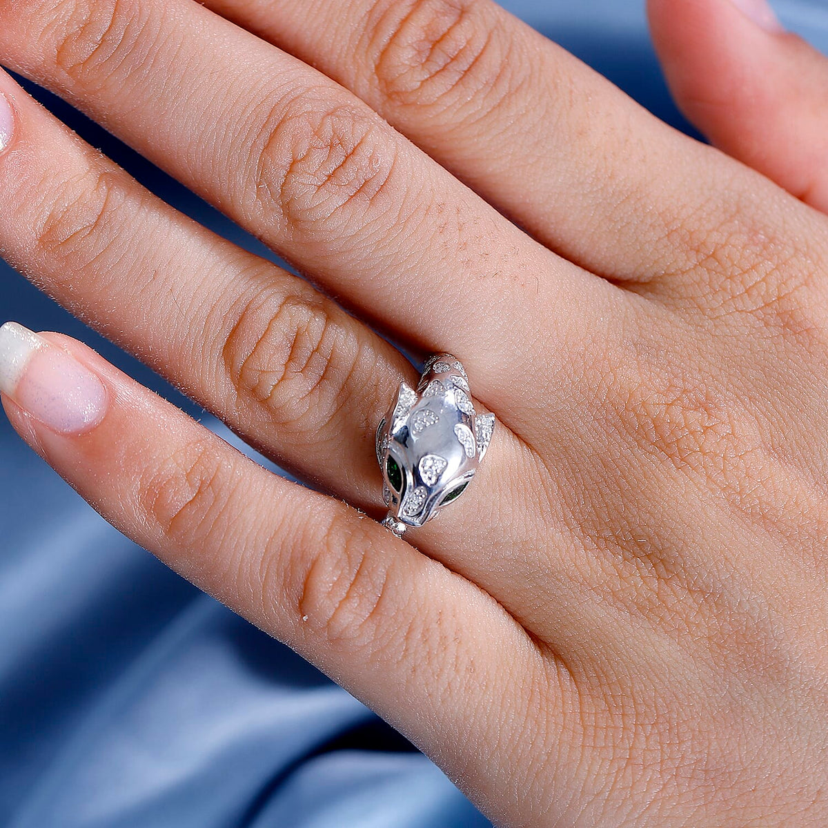 GP Tiger Totem Collection - Moissanite &amp; Chrome Diopside Puma Ring in Rhodium Overlay Sterling Silver 7798771 3