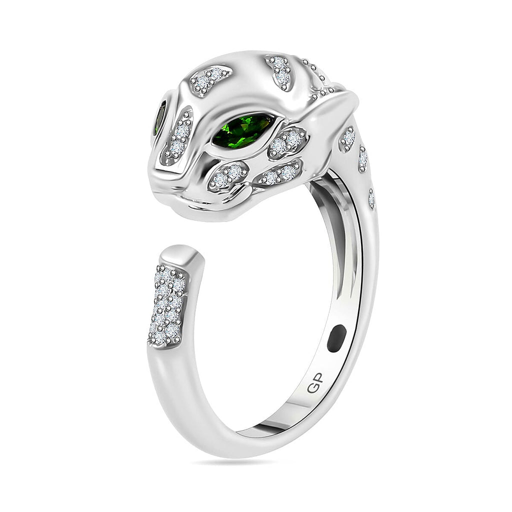 GP Tiger Totem Collection - Moissanite & Chrome Diopside Puma Ring in Rhodium Overlay Sterling Silver