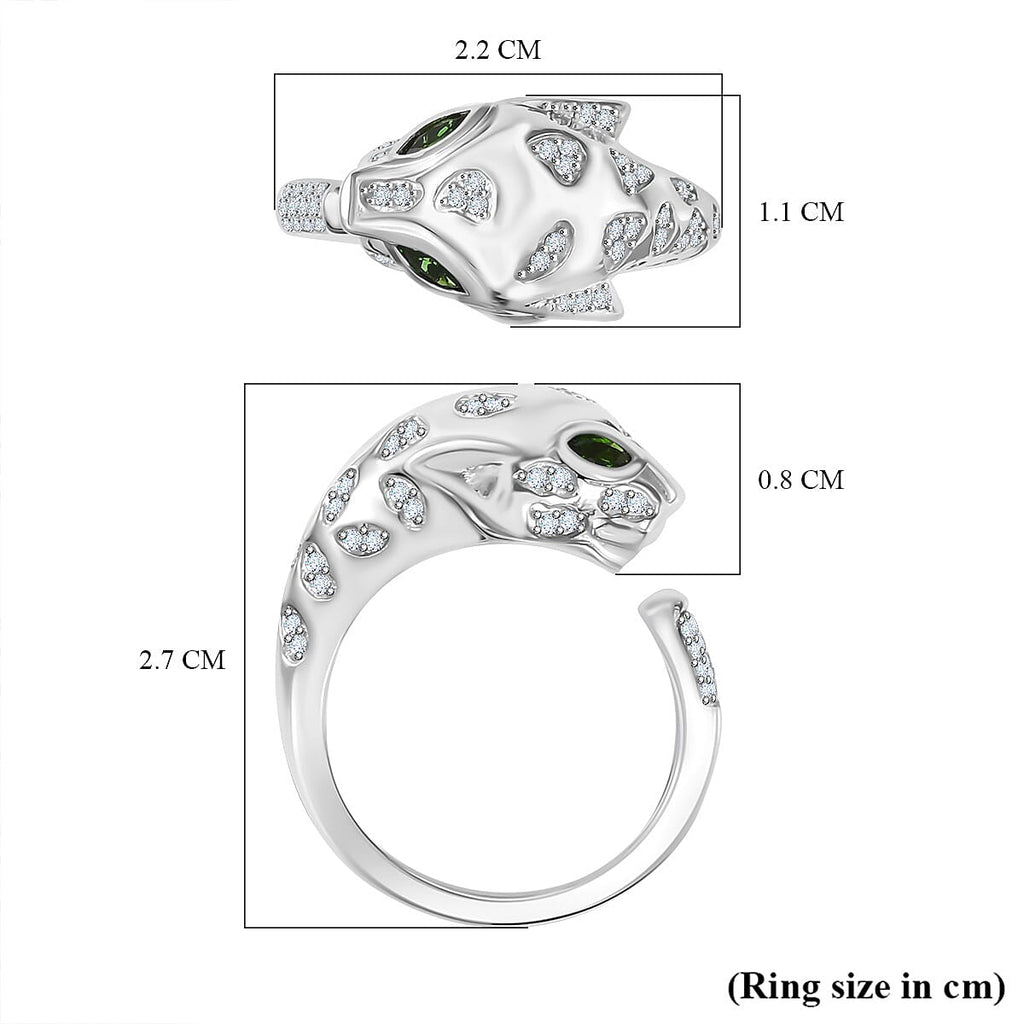 GP Tiger Totem Collection - Moissanite & Chrome Diopside Puma Ring in Rhodium Overlay Sterling Silver