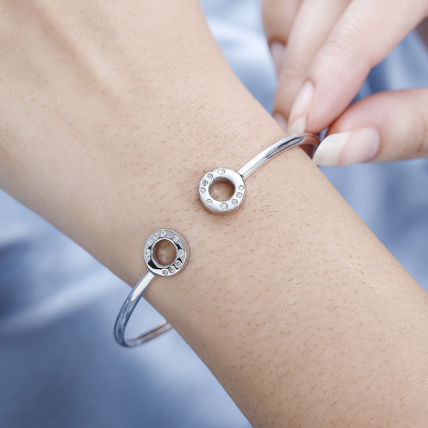 Moissanite Open Circle Bangle (Size 7.5) in Platinum Overlay Sterling Silver, Silver Wt  6.73 GM 7652124 3