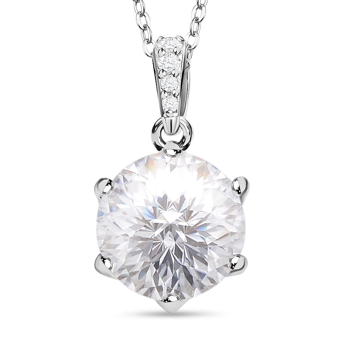 (Empire Cut) Moissanite Pendant with Chain (Size 18) in Rhodium Overlay Sterling Silver 4.060 Ct 4140893 0