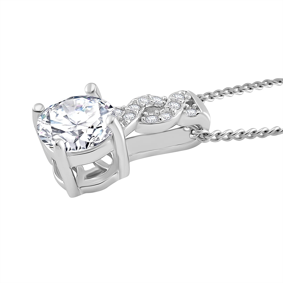 RADIANTA GRA Certified Moissanite D-VVS1 Pendant with Chain (Size - 18) in Rhodium Overlay Sterling Silver. 4323874 4