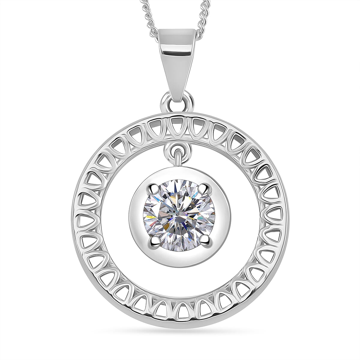 RADIANTA GRA Certified Circle Of Life Moissanite Drop Pendant with Chain (Size - 18) in Rhodium Overlay Sterling Silver (D-VVS1) V32639433 0