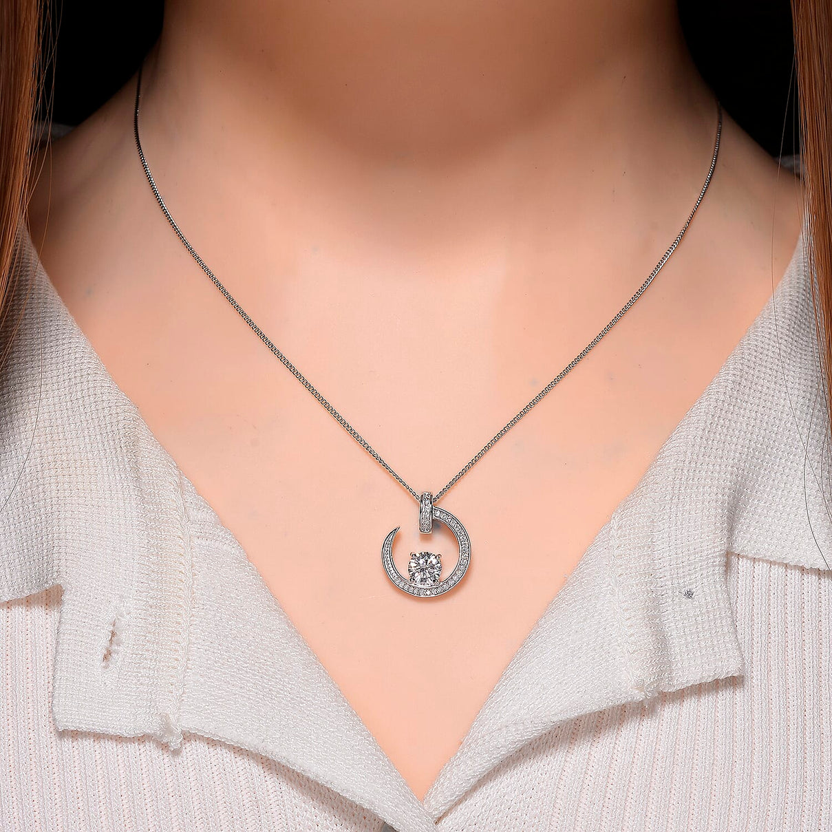 D'Joy RADIANTA GRA Certified Crescent Moon Moissanite Pendant with Chain (Size 18) in Rhodium Overlay Sterling Silver 4403461 2