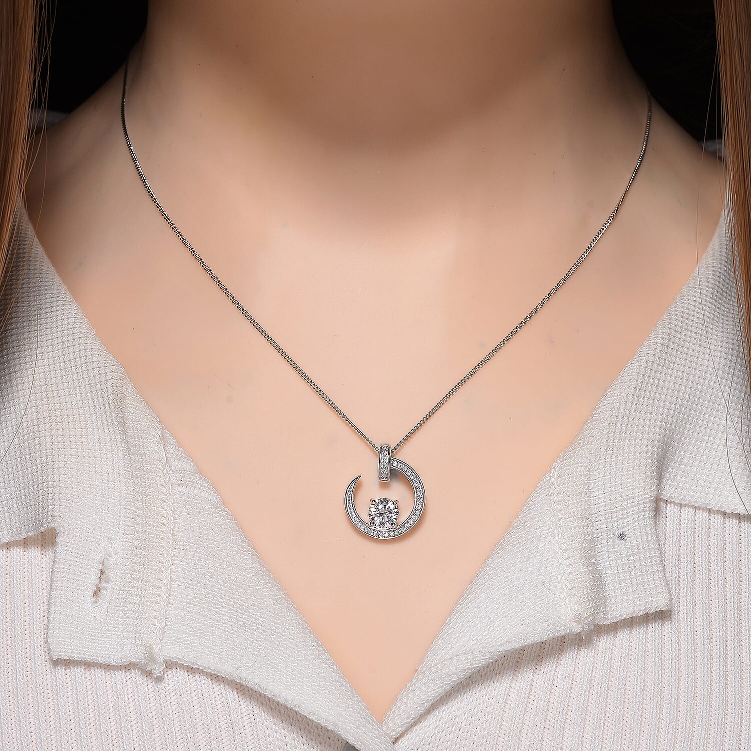 D'Joy RADIANTA GRA Certified Crescent Moon Moissanite Pendant with Chain (Size 18) in Rhodium Overlay Sterling Silver 4403461 2