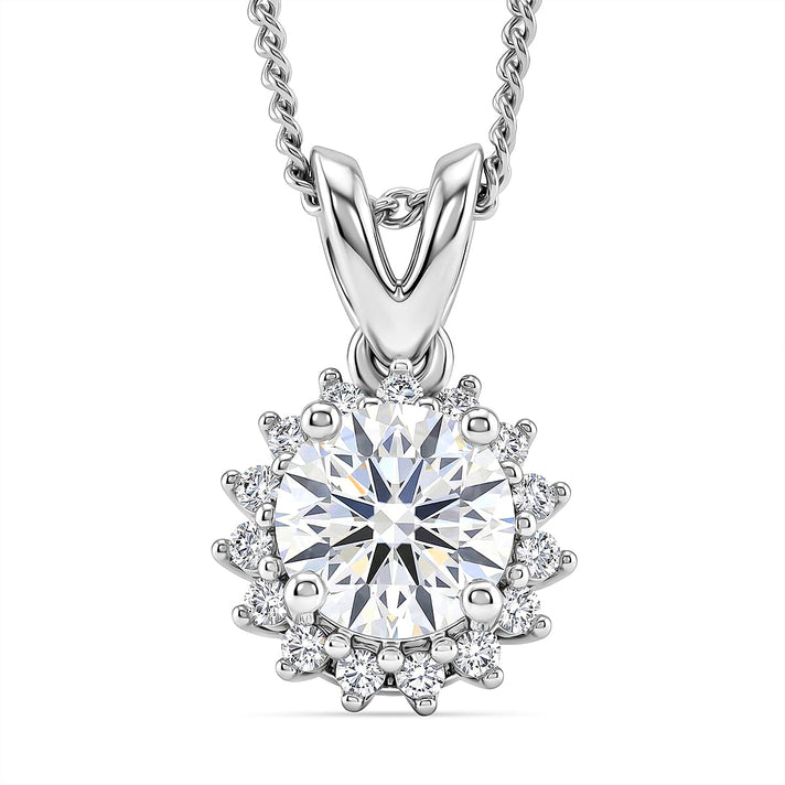 D'Joy - GRA Certified (D-VVS1) Moissanite Double Halo Hearts &amp; Arrows Cut Pendant with Chain (Size 18) in Rhodium Overlay Sterling Silver 1.20 Ct. 4459289 1