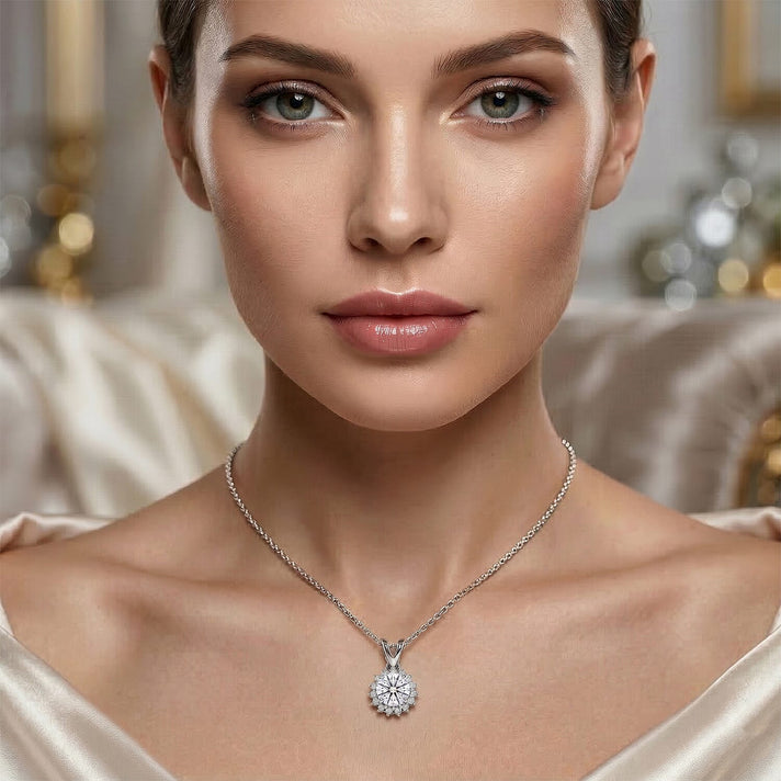 D'Joy - GRA Certified (D-VVS1) Moissanite Double Halo Hearts &amp; Arrows Cut Pendant with Chain (Size 18) in Rhodium Overlay Sterling Silver 1.20 Ct. 4459289 2