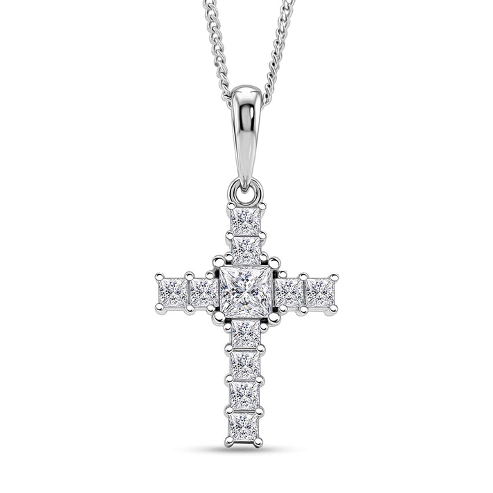 D'Joy - GRA Certified Moissanite D-VVS1 Cross Pendant with Chain (Size 18) in Rhodium Overlay Sterling Silver 4462529 1