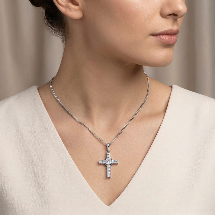 D'Joy - GRA Certified Moissanite D-VVS1 Cross Pendant with Chain (Size 18) in Rhodium Overlay Sterling Silver 4462529 2
