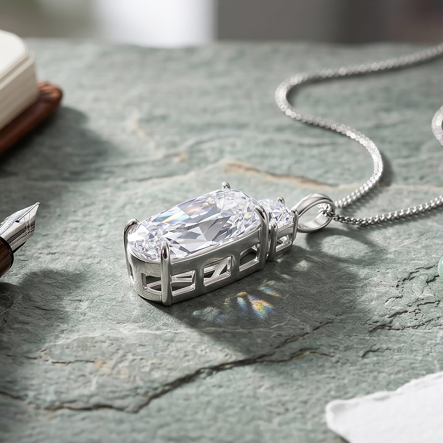 Moissanite Cushion Cut Pendant with Chain (Size 18) in Rhodium Overlay Sterling Silver 6.61 Ct. V32525124 6