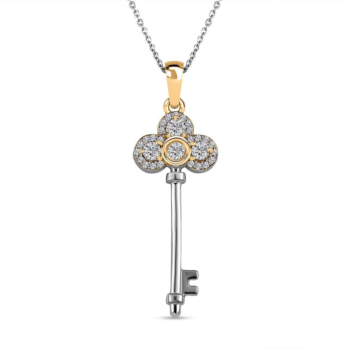 Moissanite Key Pendant with Chain (Size 20) in Platinum and 18K Vermeil Yellow Gold Plated Sterling Silver 4194568 0