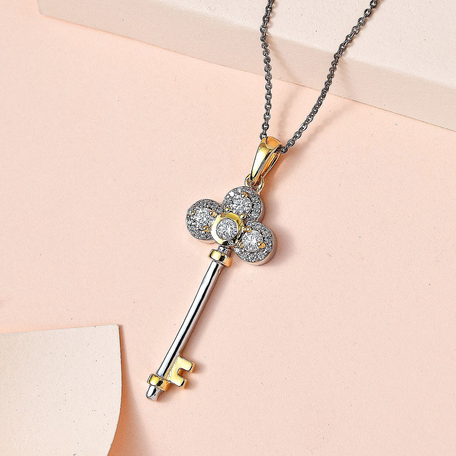 Moissanite Key Pendant with Chain (Size 20) in Platinum and 18K Vermeil Yellow Gold Plated Sterling Silver 4194568 3