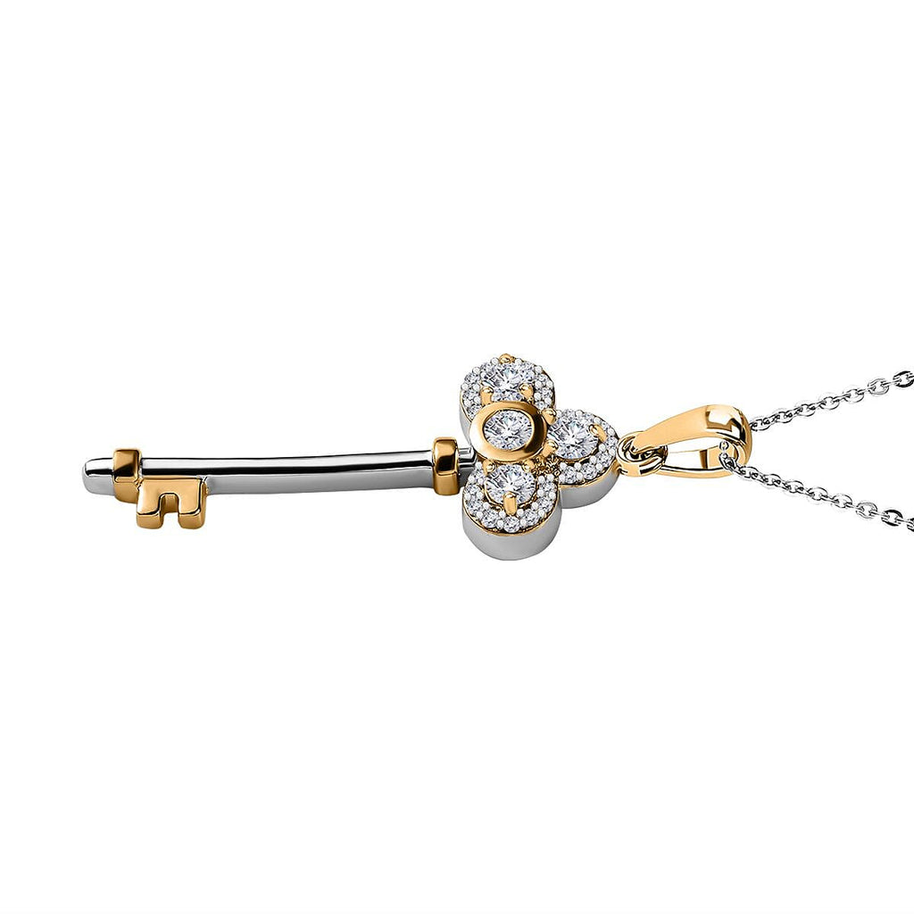 Moissanite Key Pendant with Chain (Size 20) in Platinum and 18K Vermeil Yellow Gold Plated Sterling Silver, Silver Wt. 5.09 Gms