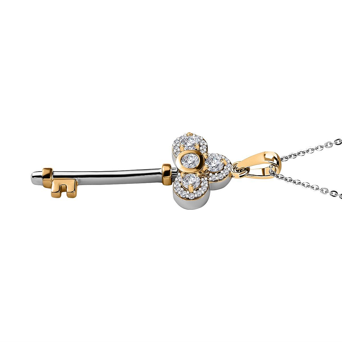 Moissanite Key Pendant with Chain (Size 20) in Platinum and 18K Vermeil Yellow Gold Plated Sterling Silver 4194568 4