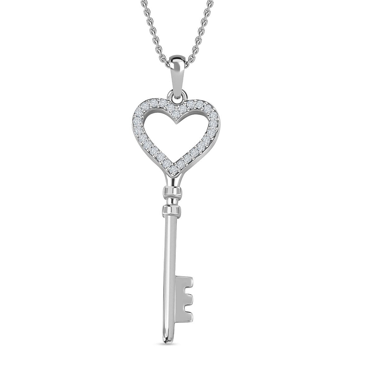 Moissanite Key Pendant with Chain (Size 20) in Platinum Overlay Sterling Silver 4194570 0