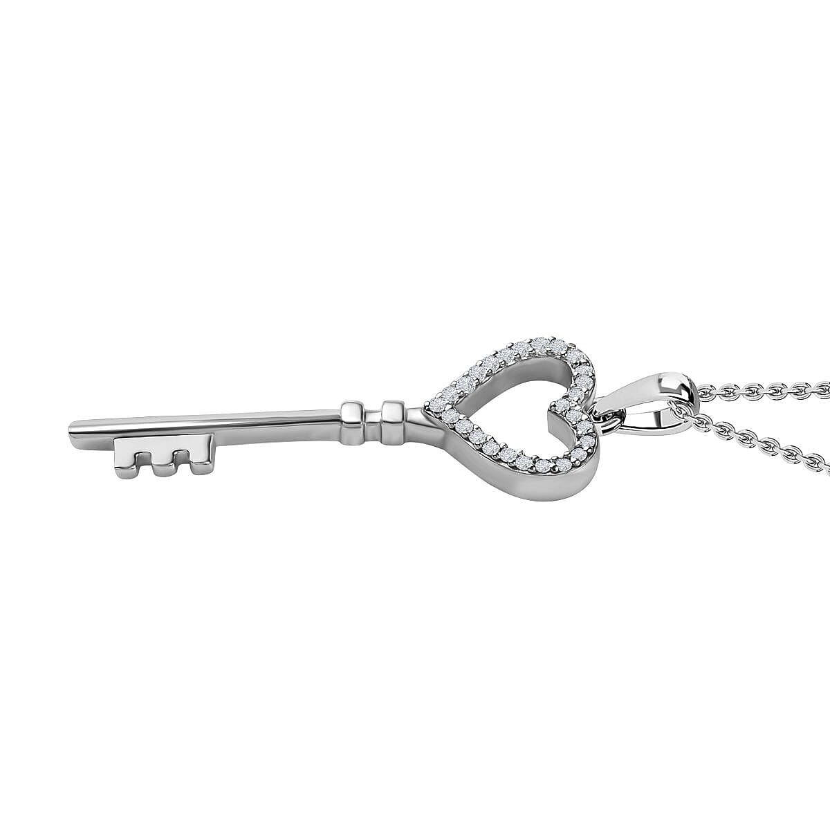 Moissanite Key Pendant with Chain (Size 20) in Platinum Overlay Sterling Silver 4194570 4