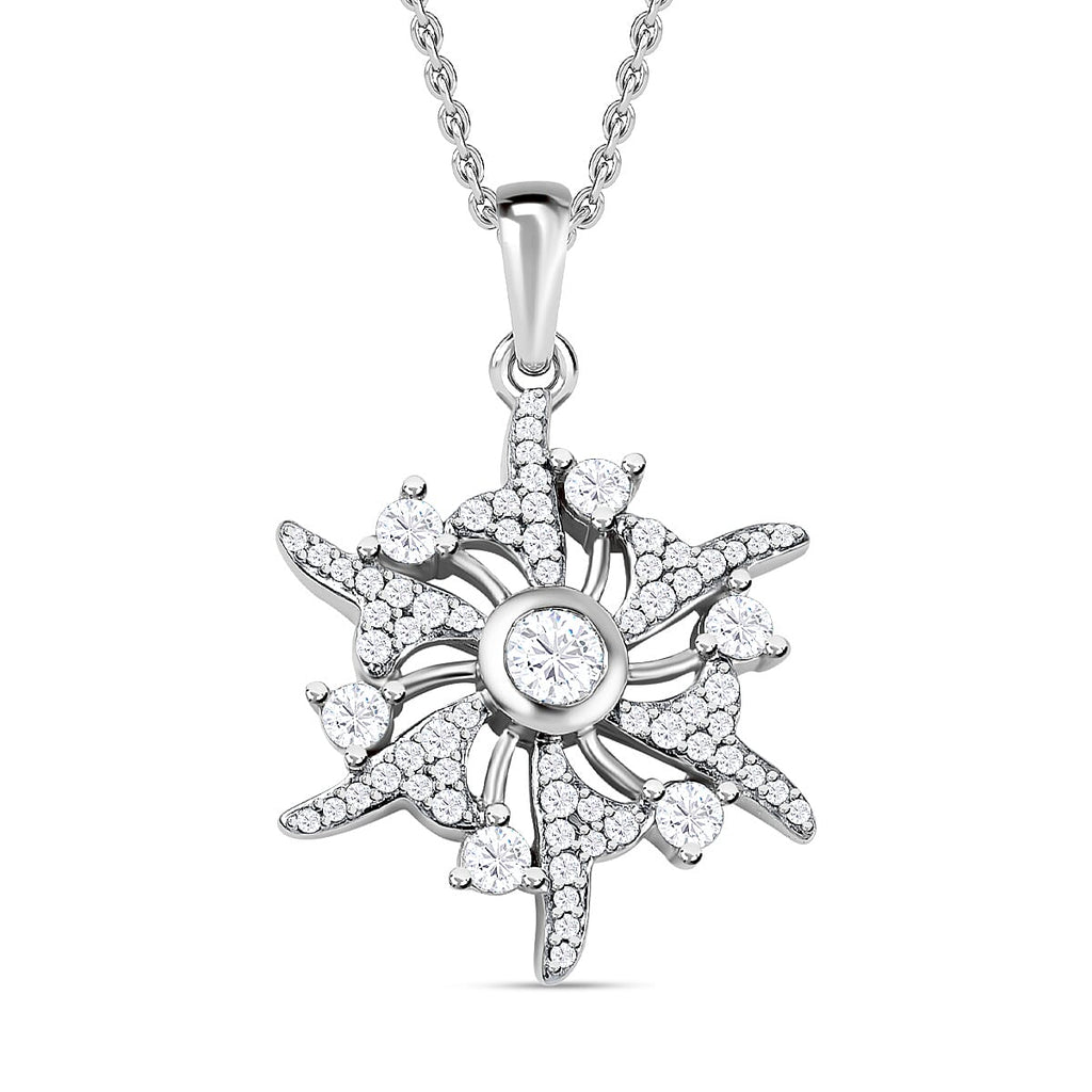 Moissanite Sun Burst Pendant with Chain (Size 20) in Platinum Overlay Sterling Silver, 5.10 GM