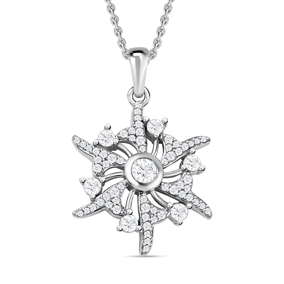 Moissanite Sun Burst Pendant with Chain (Size 20) in Platinum Overlay Sterling Silver, 5.10 GM 4208960 0