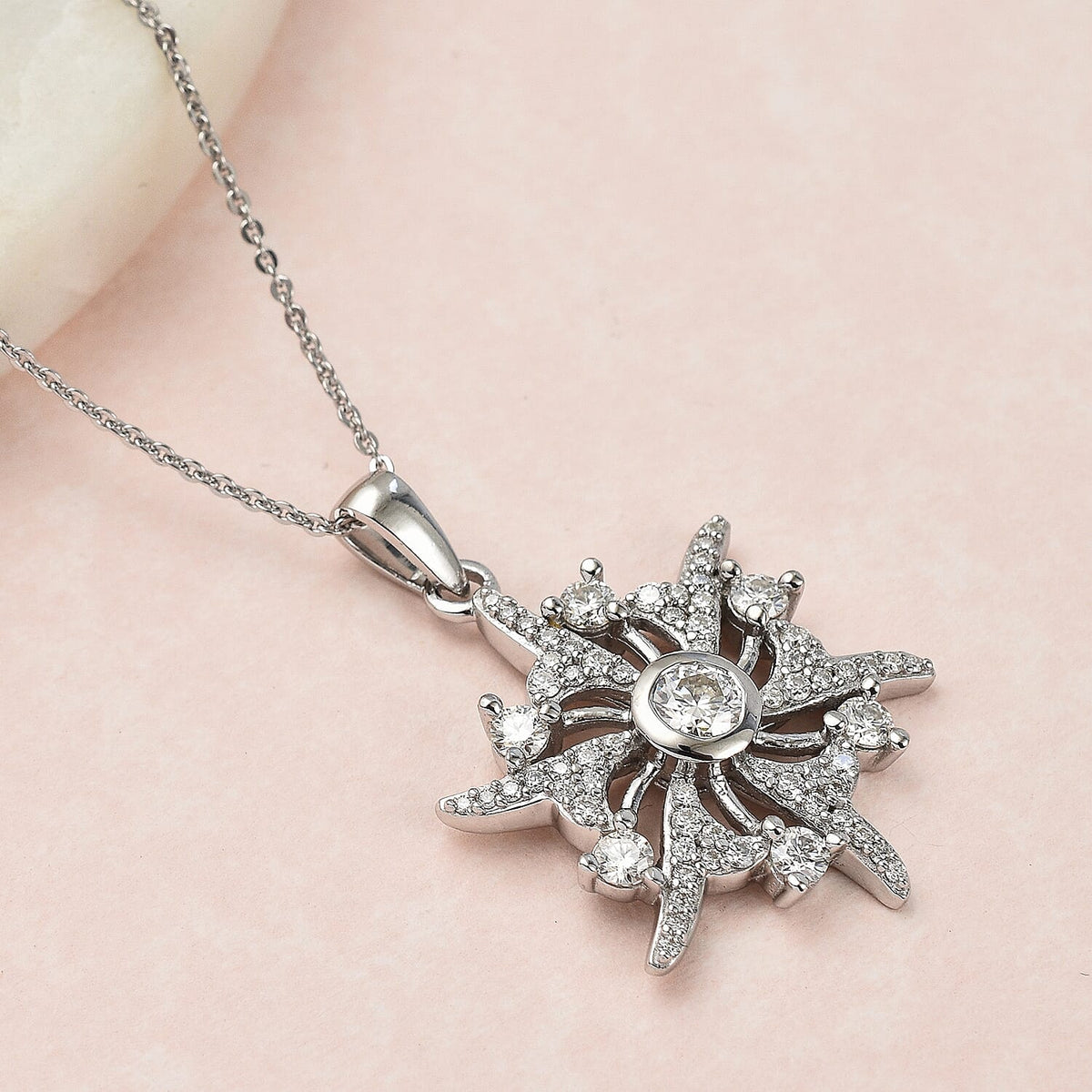 Moissanite Sun Burst Pendant with Chain (Size 20) in Platinum Overlay Sterling Silver, 5.10 GM 4208960 2