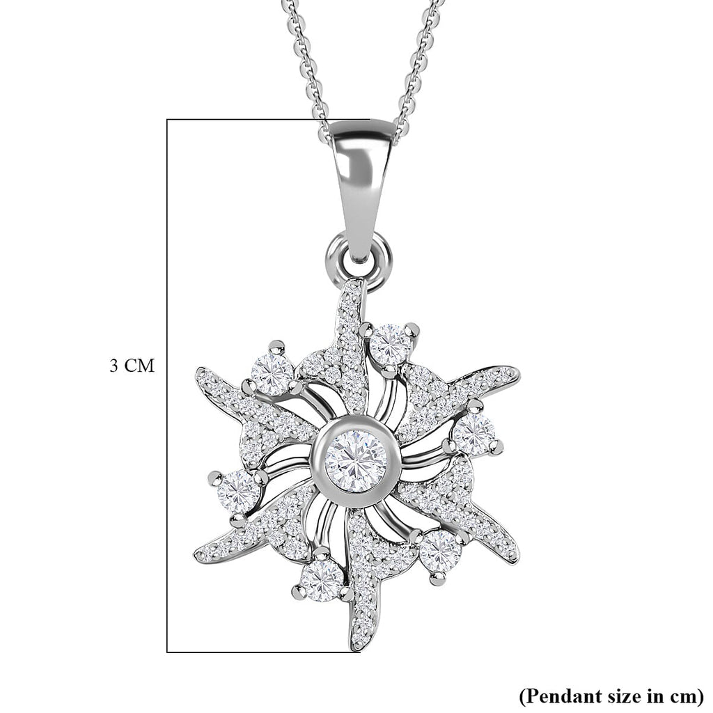 Moissanite Sun Burst Pendant with Chain (Size 20) in Platinum Overlay Sterling Silver, 5.10 GM