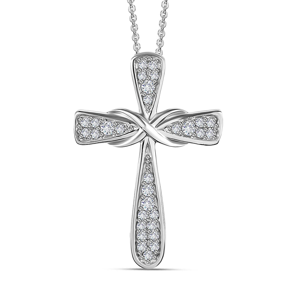 Moissanite Cross Pendant with Chain (Size 20) in Platinum Overlay Sterling Silver