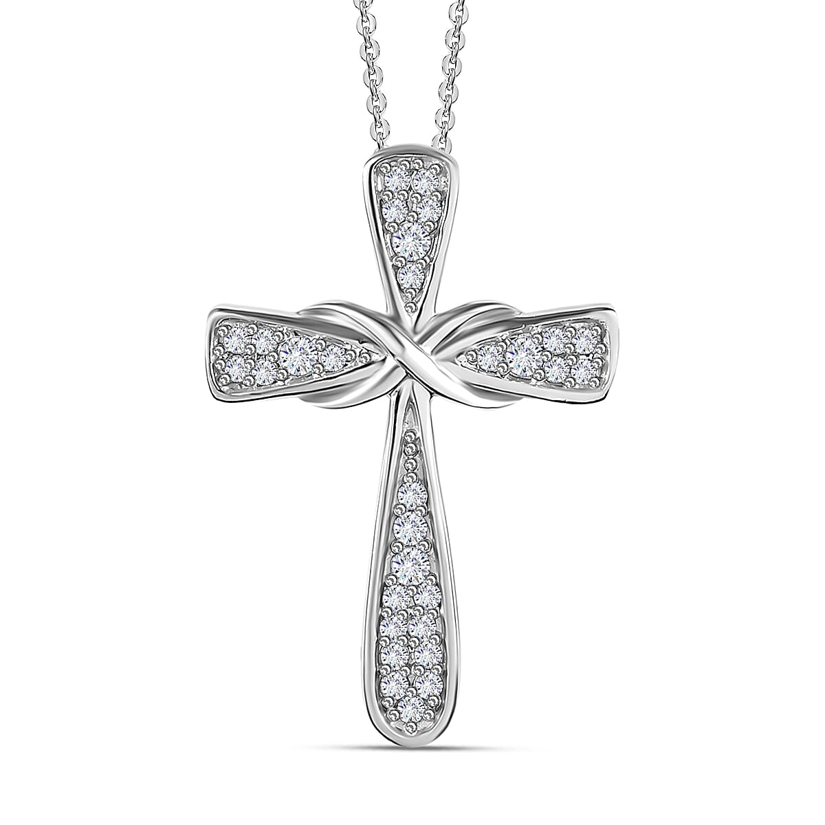 Moissanite Cross Pendant with Chain (Size 20) in Platinum Overlay Sterling Silver 4219082 0