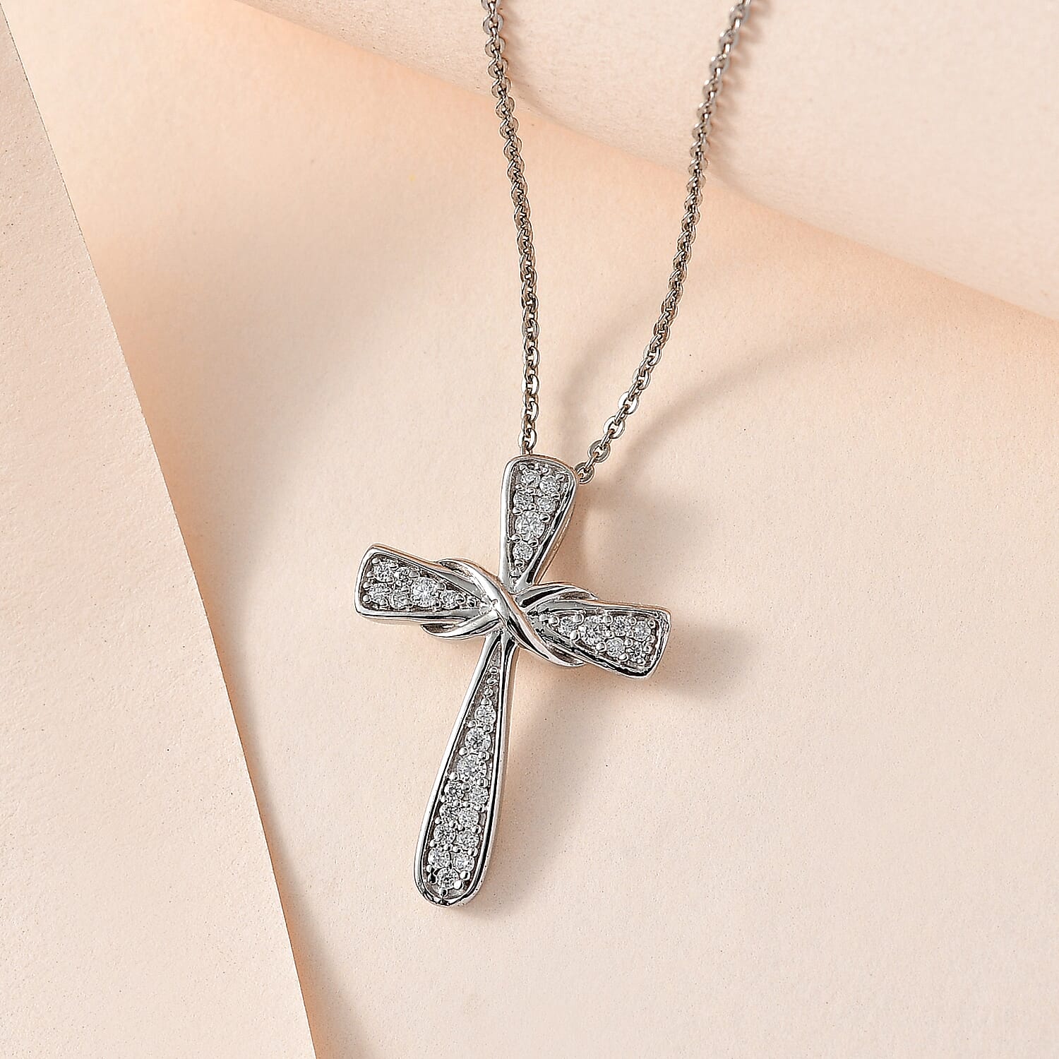 Moissanite Cross Pendant with Chain (Size 20) in Platinum Overlay Sterling Silver 4219082 2