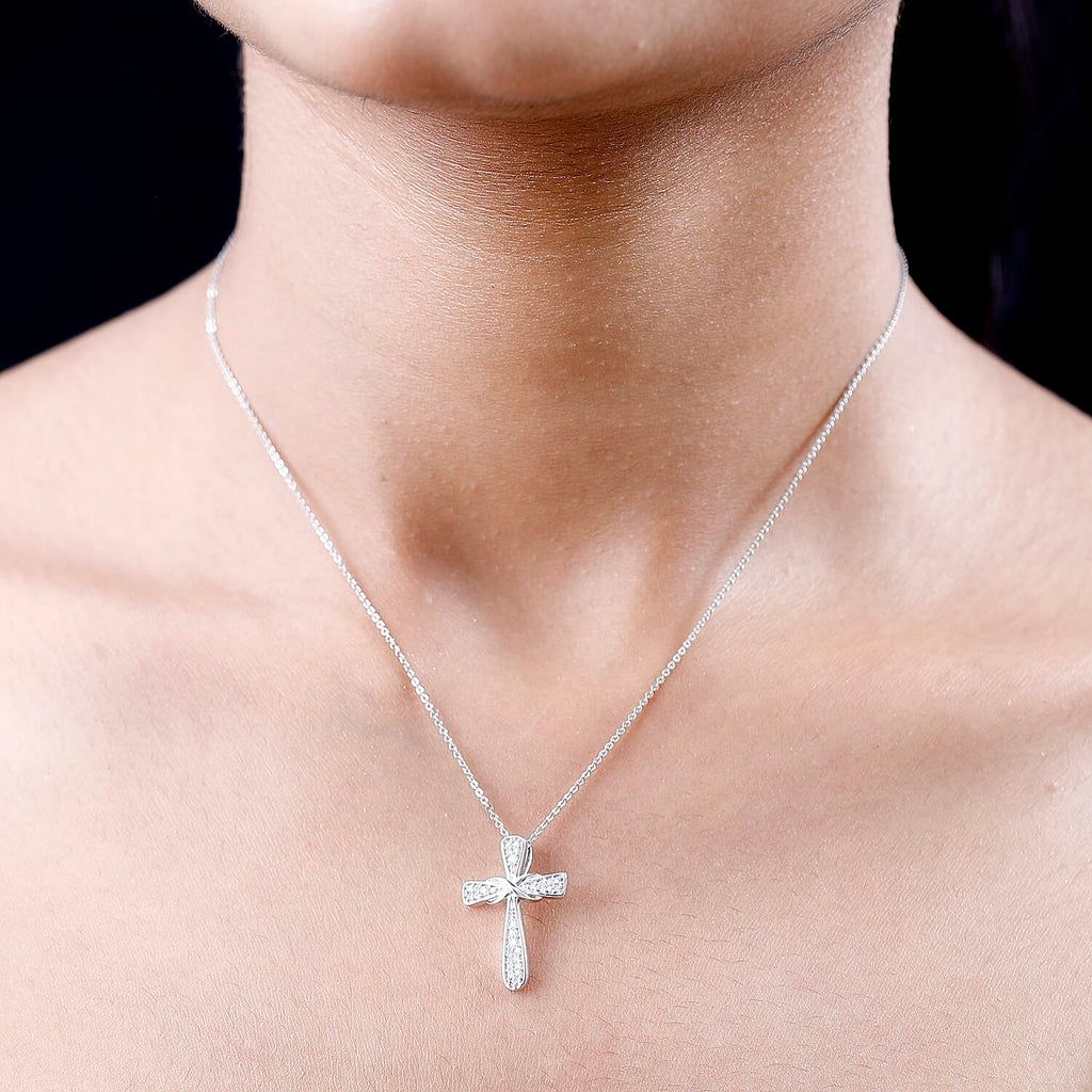 Moissanite Cross Pendant with Chain (Size 20) in Platinum Overlay Sterling Silver