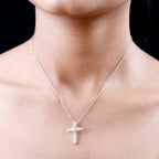 Moissanite Cross Pendant with Chain (Size 20) in Platinum Overlay Sterling Silver