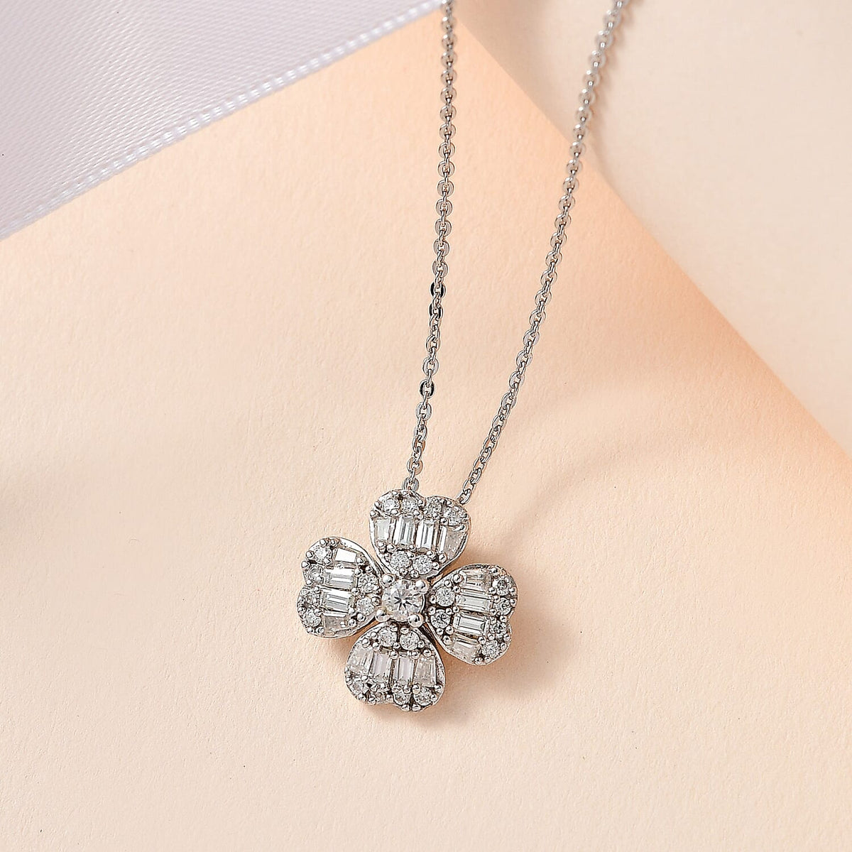 Moissanite Clover Pendant with Chain (Size 20) in Platinum Overlay Sterling Silver 1.45 Ct 4237509 2