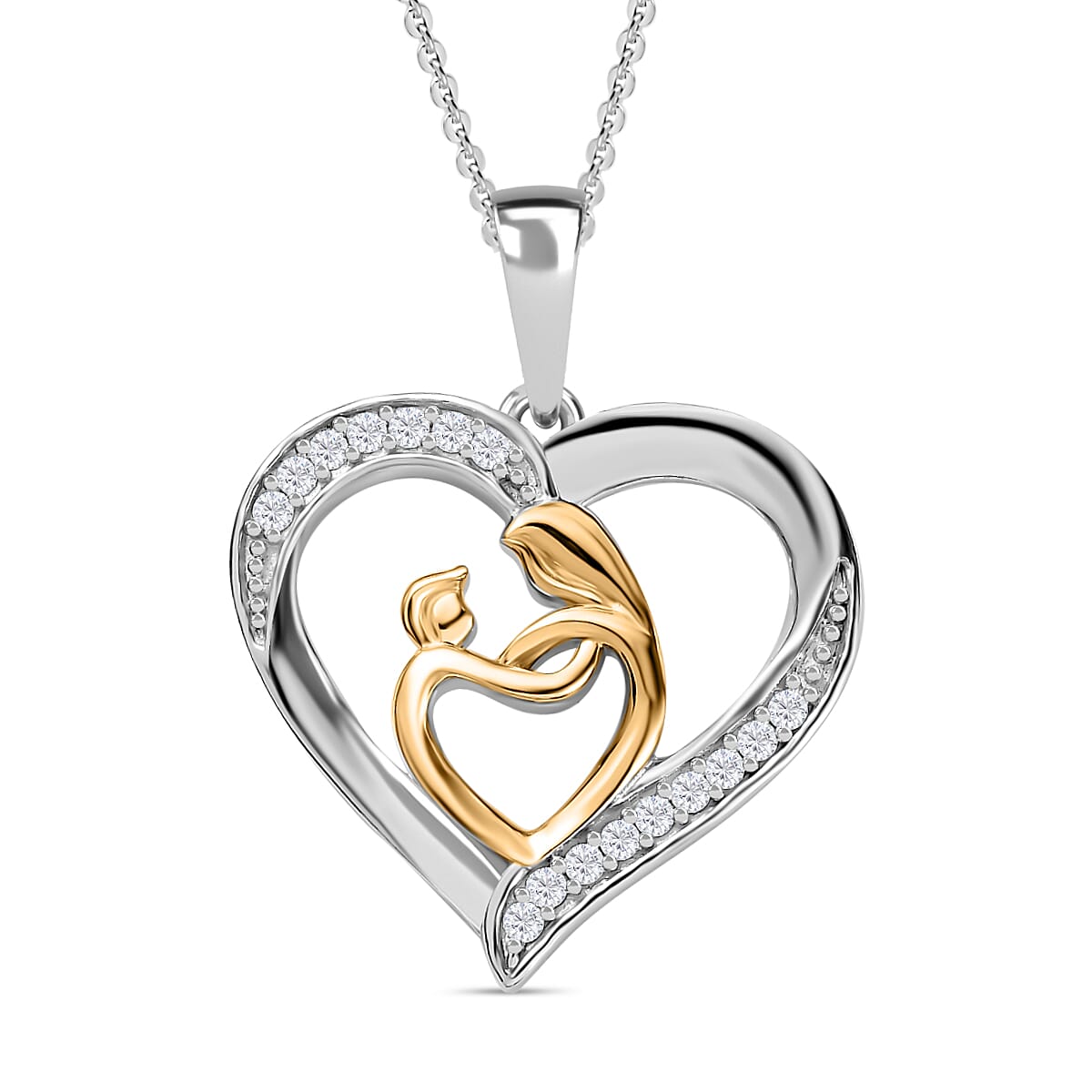 Moissanite Mother and Child Heart Pendant with Chain (Size 20) in Platinum and 18K Vermeil Yellow Gold Sterling Silver 4252224 0