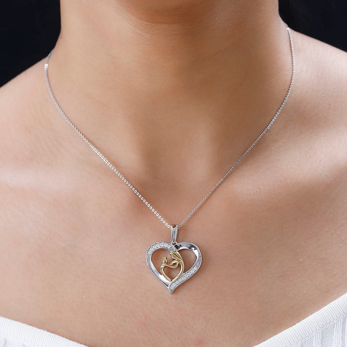 Moissanite Mother and Child Heart Pendant with Chain (Size 20) in Platinum and 18K Vermeil Yellow Gold Sterling Silver 4252224 1