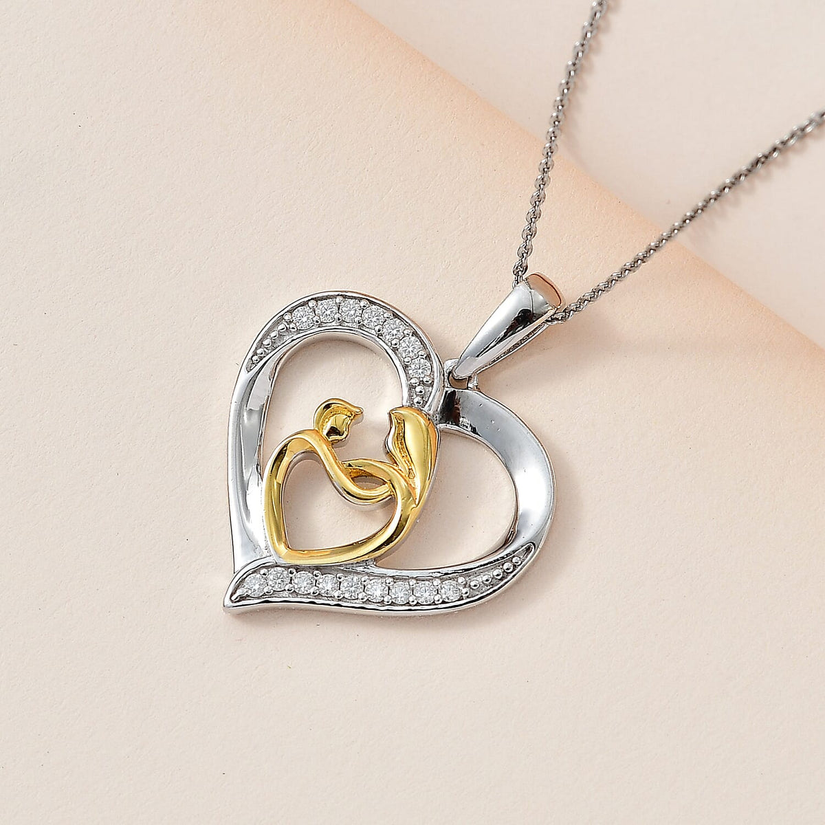 Moissanite Mother and Child Heart Pendant with Chain (Size 20) in Platinum and 18K Vermeil Yellow Gold Sterling Silver 4252224 2