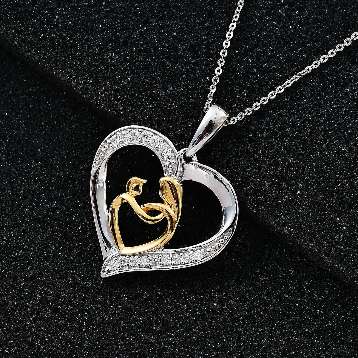 Moissanite Mother and Child Heart Pendant with Chain (Size 20) in Platinum and 18K Vermeil Yellow Gold Sterling Silver 4252224 3