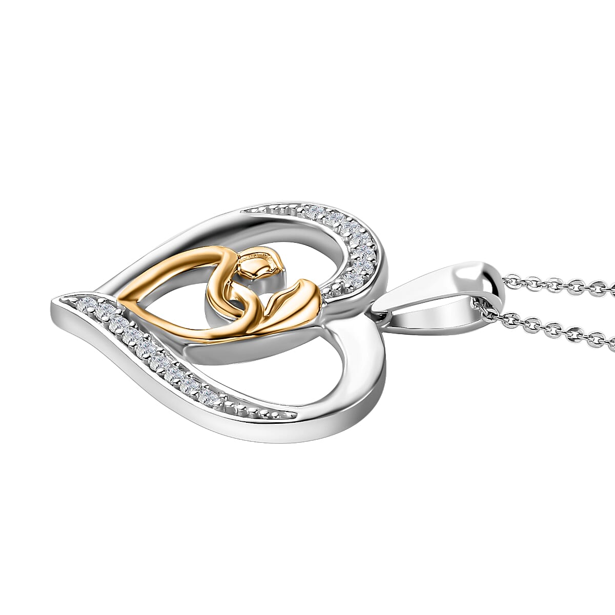 Moissanite Mother and Child Heart Pendant with Chain (Size 20) in Platinum and 18K Vermeil Yellow Gold Sterling Silver 4252224 4