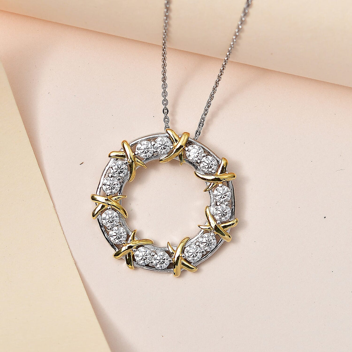 Designer Inspired- Moissanite Circle Pendant with Chain (Size 20) in Platinum and 18K Vermeil Yellow Gold Over Sterling Silver 1.54 Ct. 4261613 3