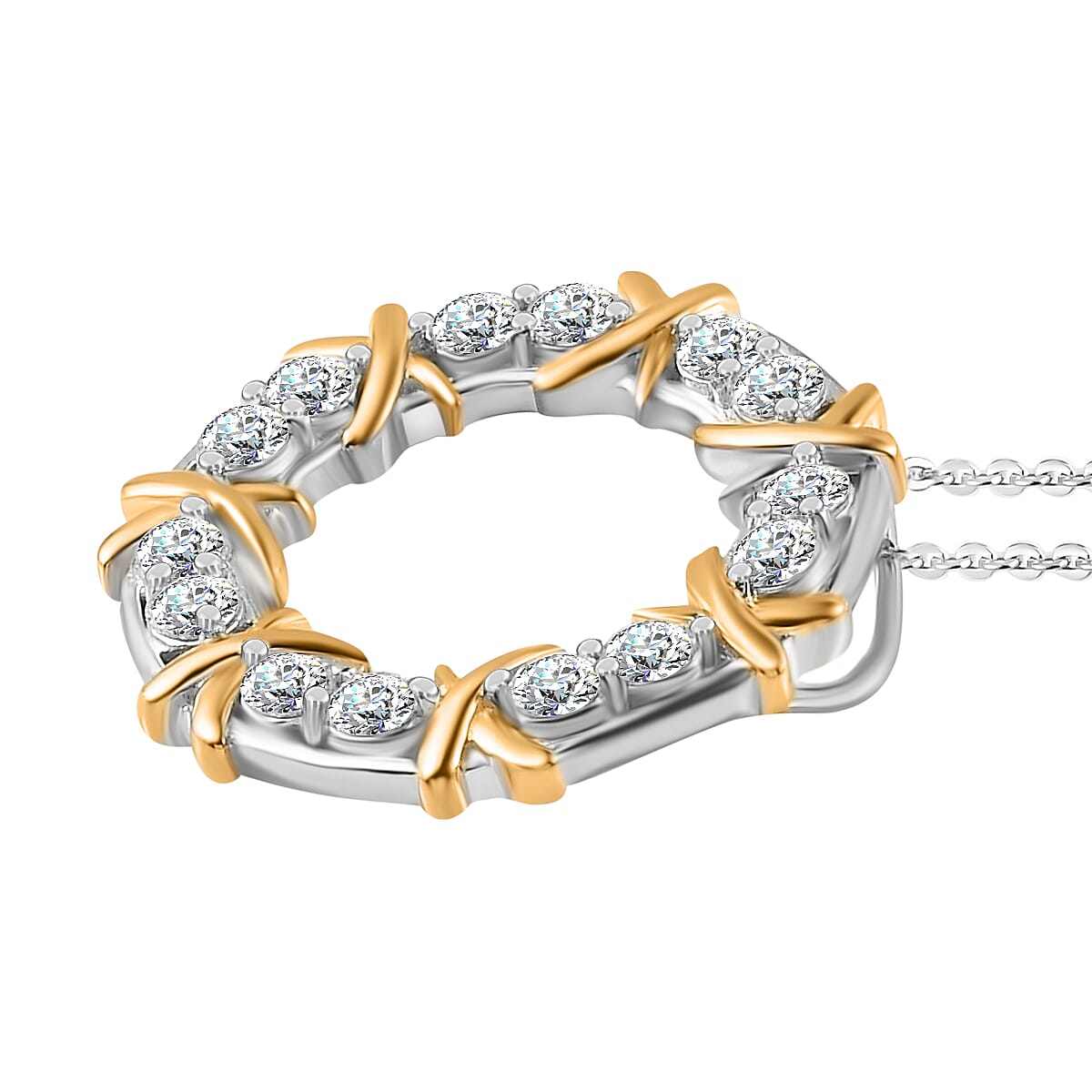 Designer Inspired- Moissanite Circle Pendant with Chain (Size 20) in Platinum and 18K Vermeil Yellow Gold Over Sterling Silver 1.54 Ct. 4261613 4