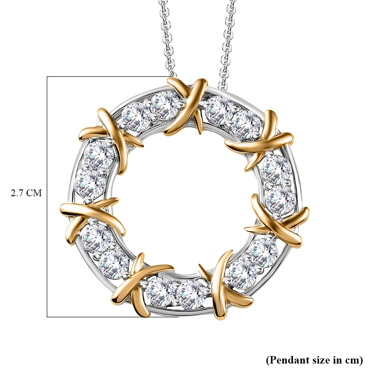 Designer Inspired- Moissanite Circle Pendant with Chain (Size 20) in Platinum and 18K Vermeil Yellow Gold Over Sterling Silver 1.54 Ct. 4261613 6
