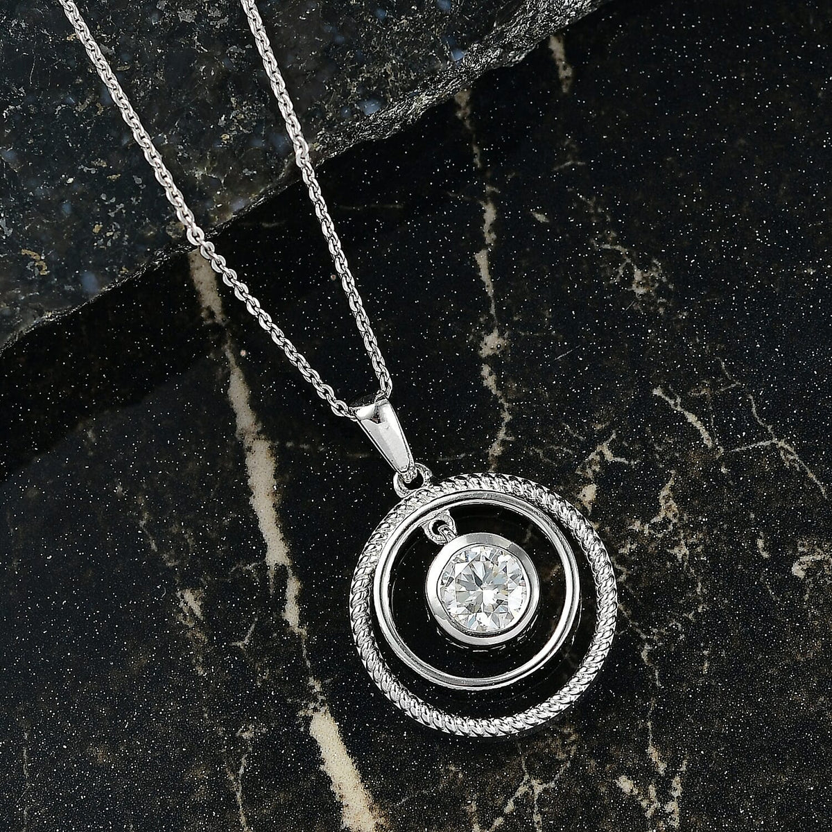 Open Circle Moissanite Solitaire Pendant with Chain (Size 20) in Platinum Overlay Sterling Silver 0.75 Ct. 4418533 2