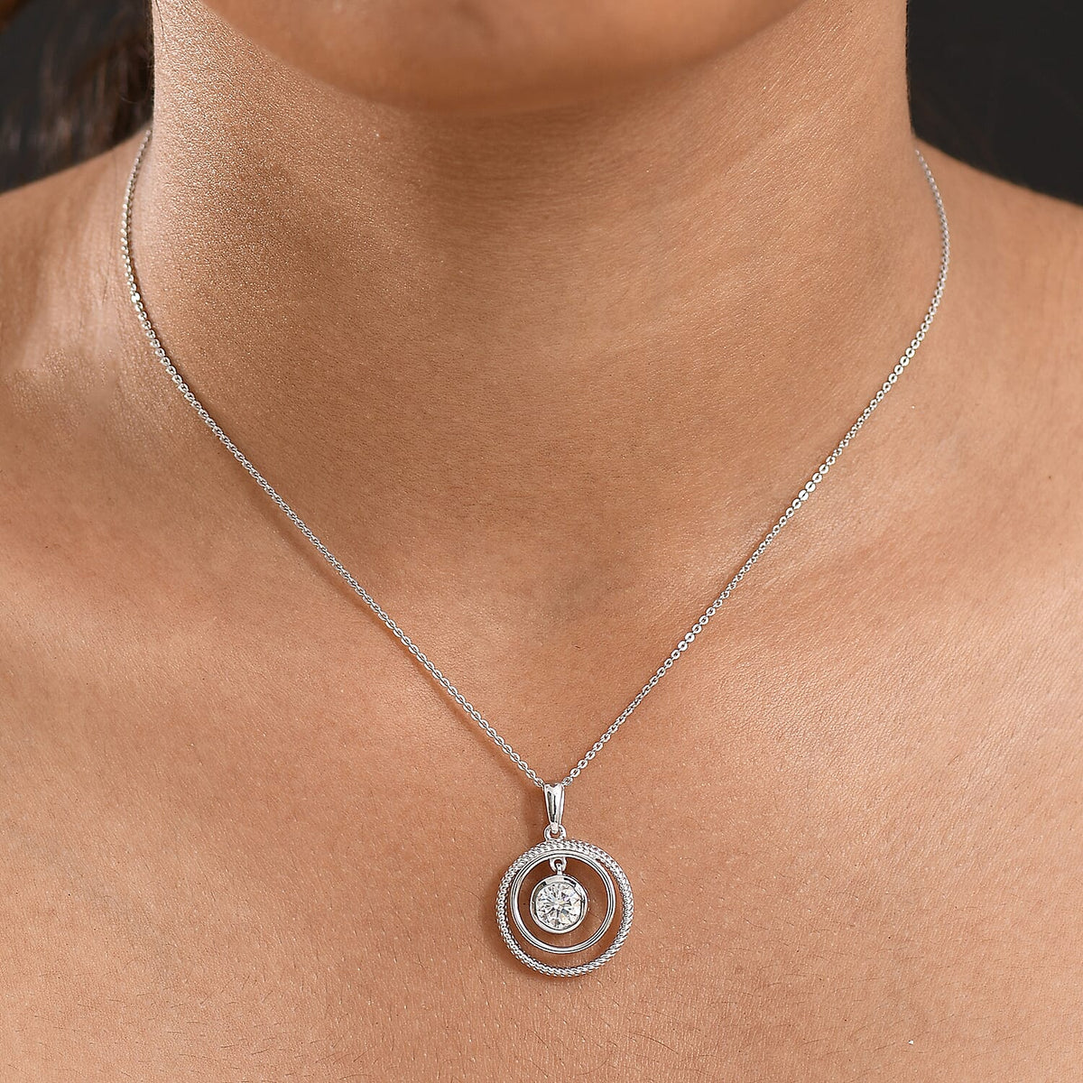 Open Circle Moissanite Solitaire Pendant with Chain (Size 20) in Platinum Overlay Sterling Silver 0.75 Ct. 4418533 3