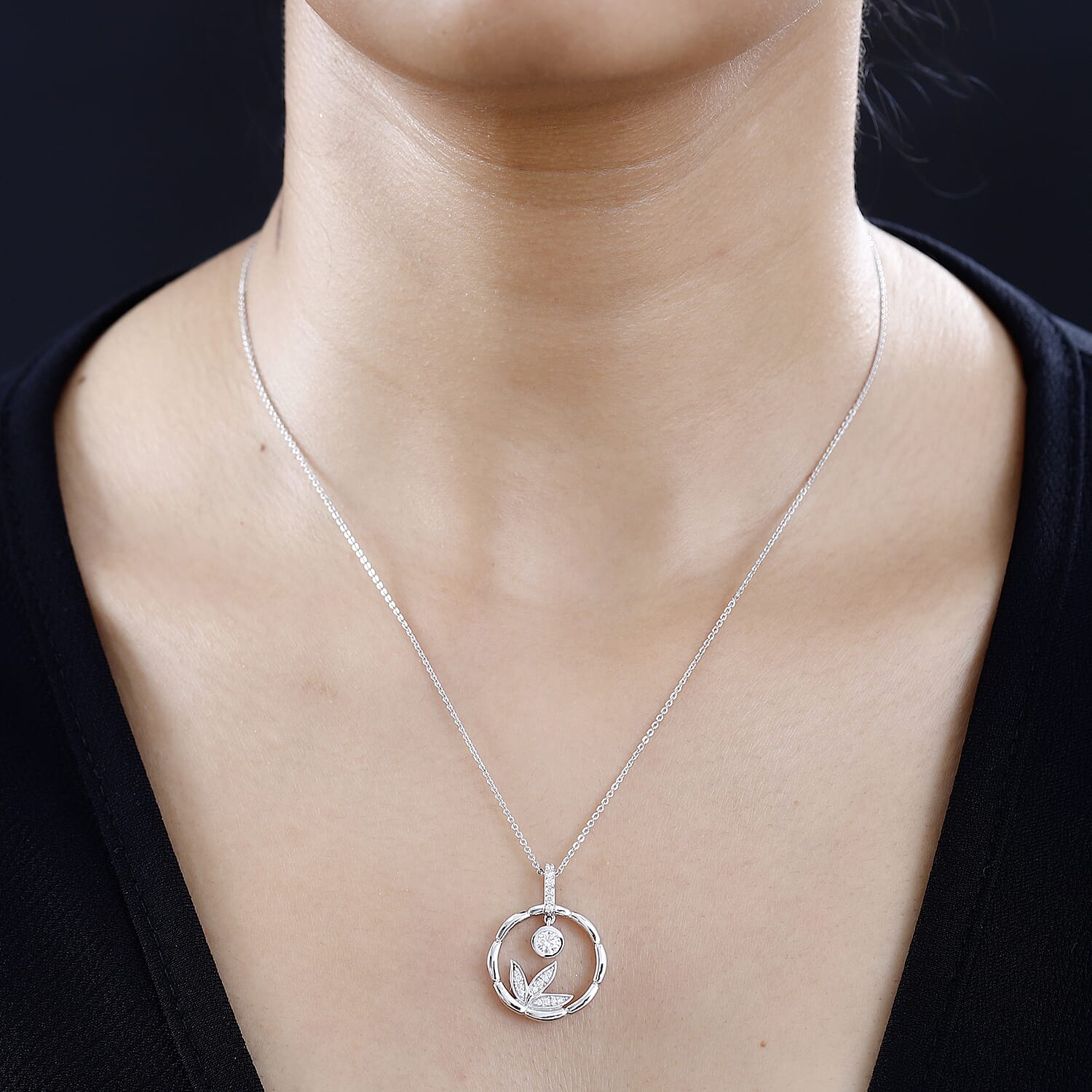 Moissanite Dangle Pendant with Chain (Size 20) in Rhodium Overlay Sterling Silver 4274044 2