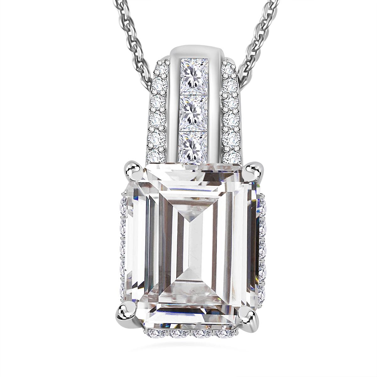 Moissanite Emerald Cut Pendant with Chain (Size 20) in Platinum Overlay Sterling Silver 4.25 Ct. 4277549 0