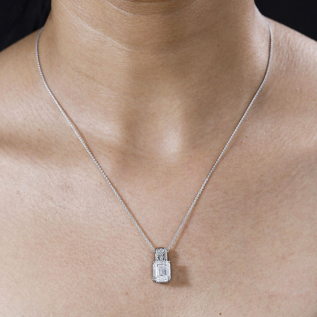 Moissanite Emerald Cut Pendant with Chain (Size 20) in Platinum Overlay Sterling Silver 4.25 Ct. 4277549 2