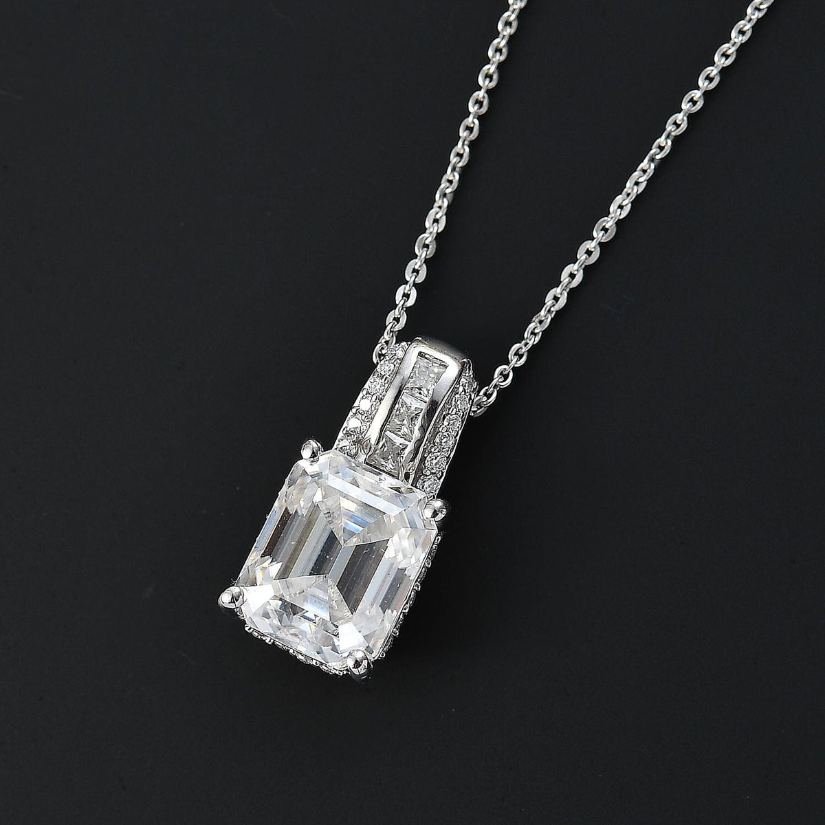 Moissanite Emerald Cut Pendant with Chain (Size 20) in Platinum Overlay Sterling Silver 4.25 Ct. 4277549 3