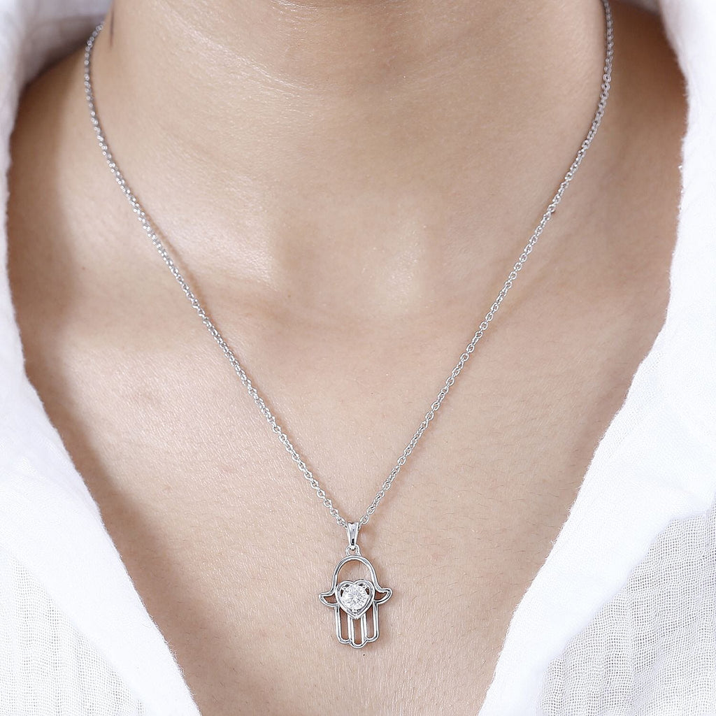Moissanite Fatima Pendant with Chain (Size 20) in Rhodium Overlay Sterling Silver