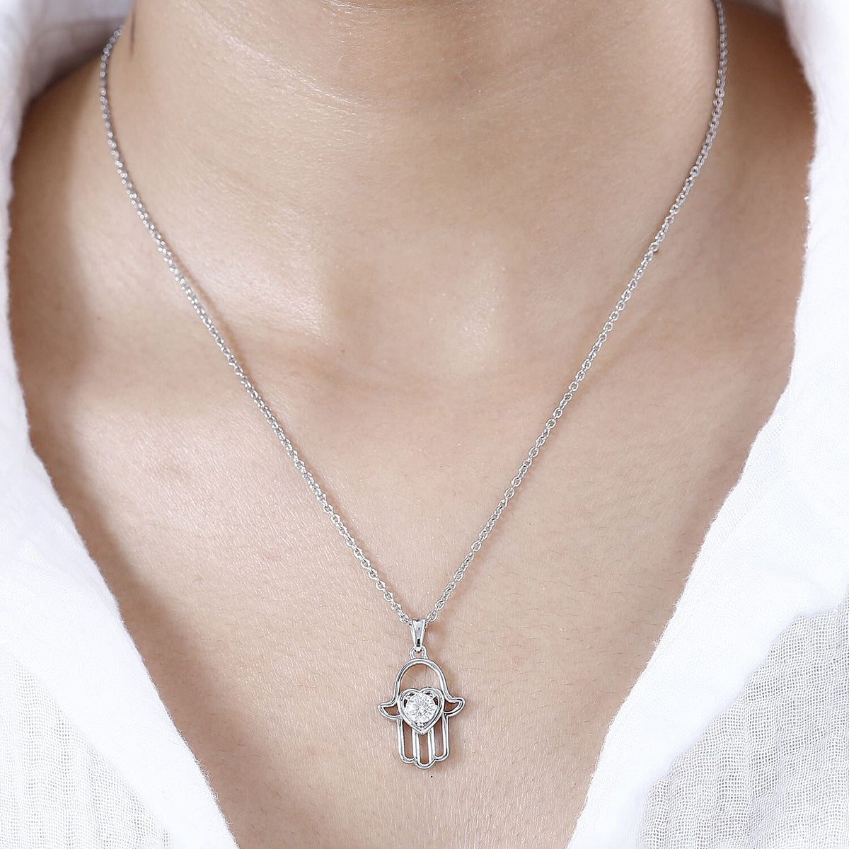 Moissanite Fatima Pendant with Chain (Size 20) in Rhodium Overlay Sterling Silver 4282036 2