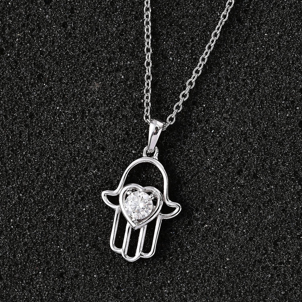 Moissanite Fatima Pendant with Chain (Size 20) in Rhodium Overlay Sterling Silver
