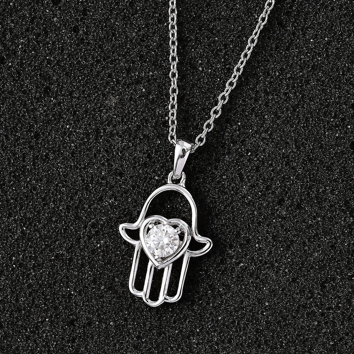 Moissanite Fatima Pendant with Chain (Size 20) in Rhodium Overlay Sterling Silver 4282036 3