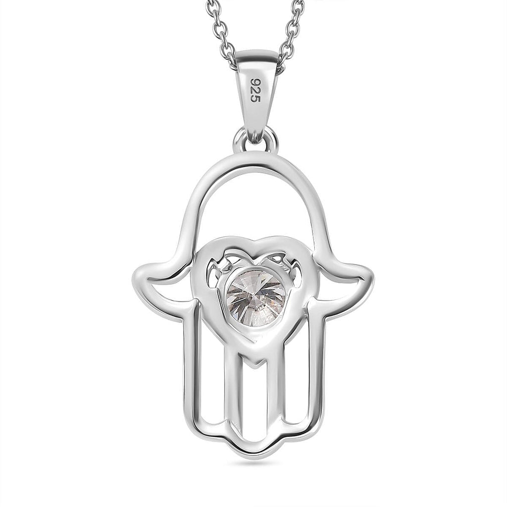 Moissanite Fatima Pendant with Chain (Size 20) in Rhodium Overlay Sterling Silver